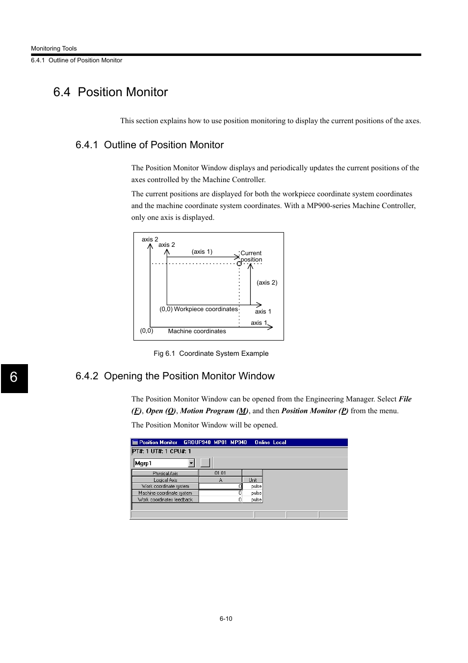 4 position monitor, 1 outline of position monitor, 2 opening the position monitor window | Yaskawa MP900 Series Machine Controller for Standard Operation User Manual | Page 354 / 509