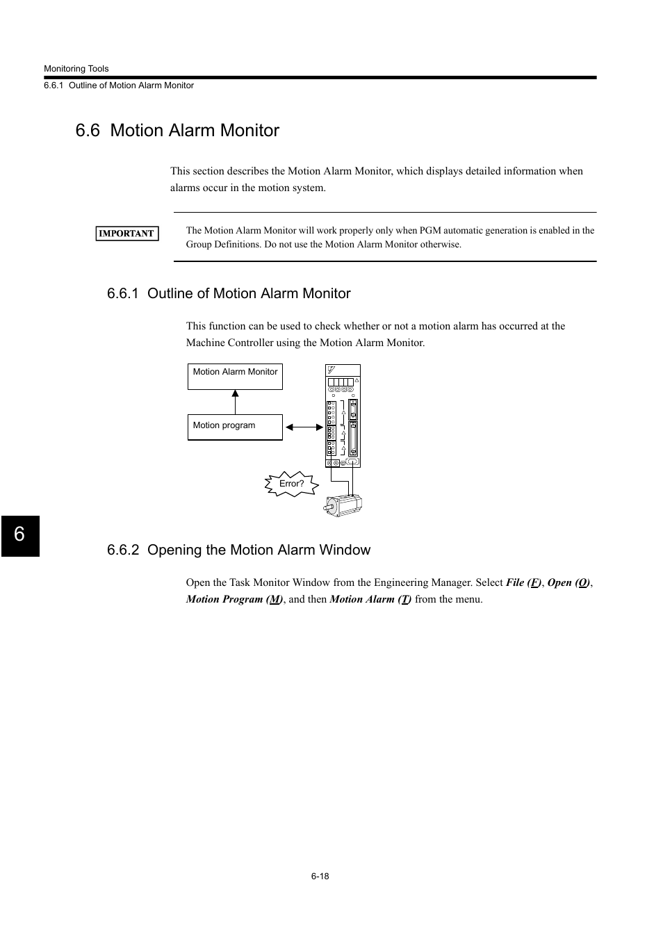 6 motion alarm monitor, 1 outline of motion alarm monitor, 2 opening the motion alarm window | Yaskawa MP900 Series Machine Controller for Standard Operation User Manual | Page 362 / 509