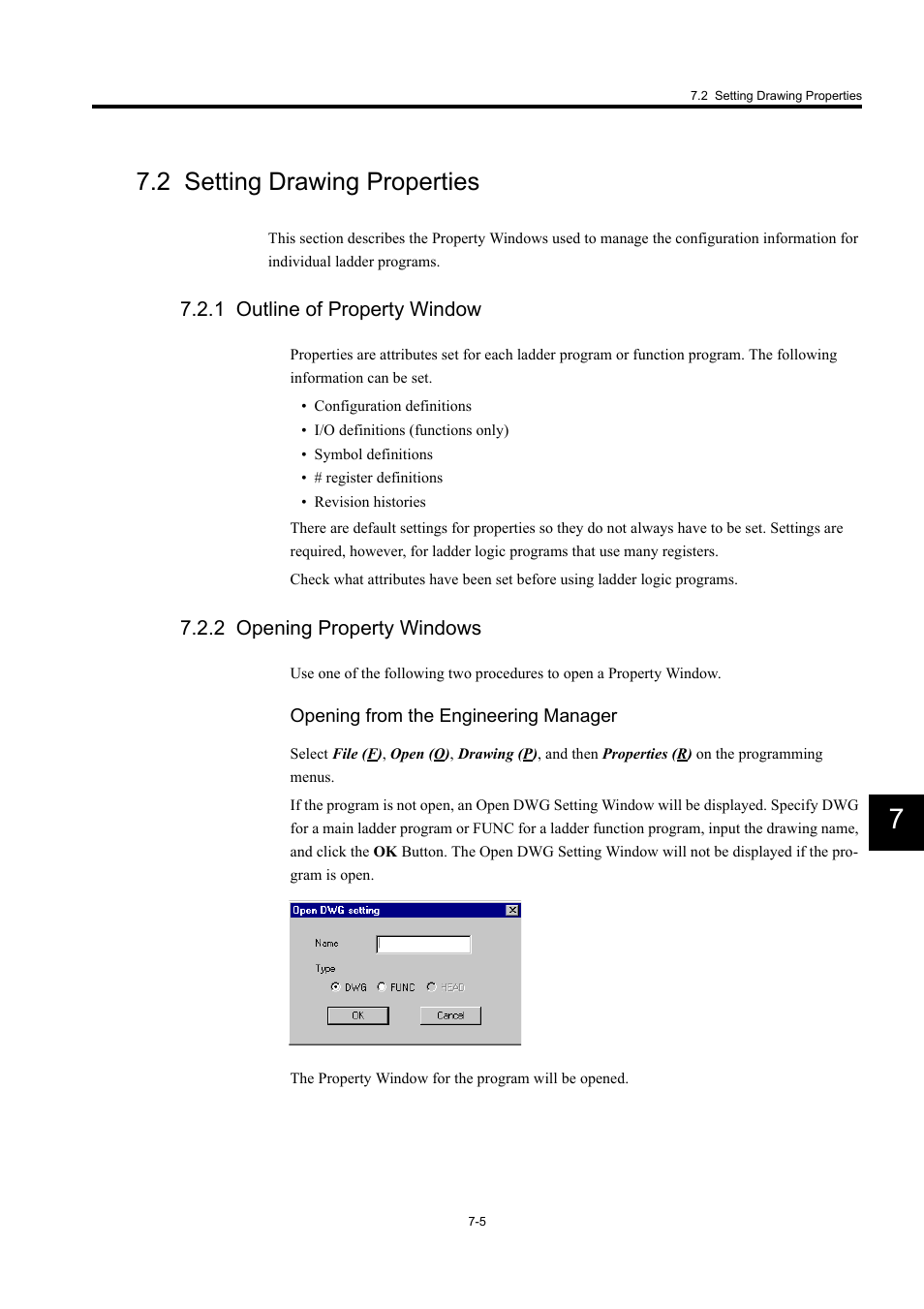 2 setting drawing properties, 1 outline of property window, 2 opening property windows | Yaskawa MP900 Series Machine Controller for Standard Operation User Manual | Page 372 / 509