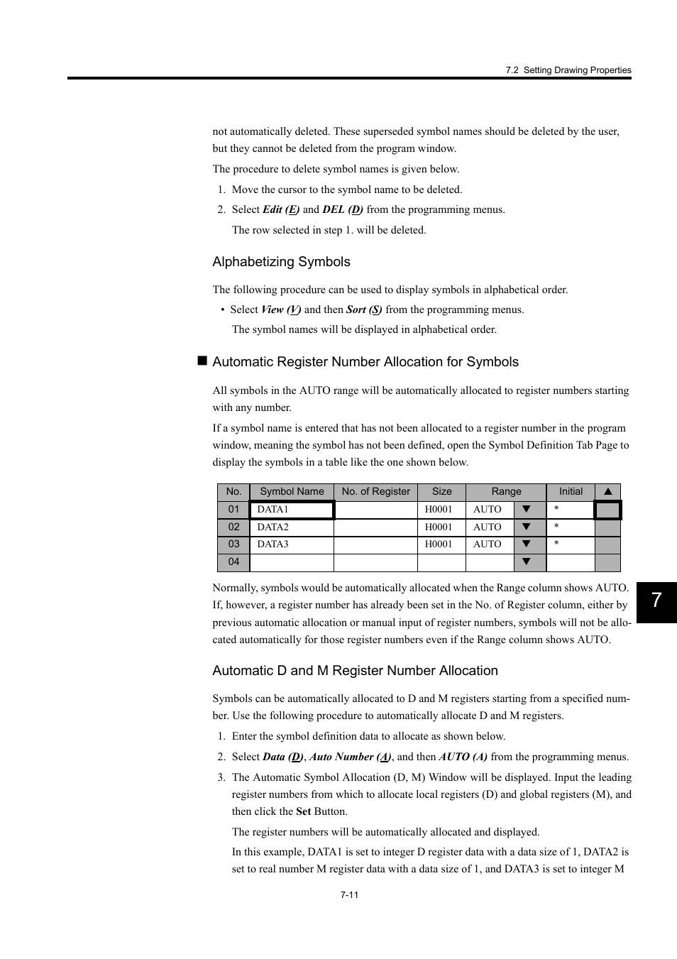 Alphabetizing symbols, Automatic register number allocation for symbols, Automatic d and m register number allocation | Yaskawa MP900 Series Machine Controller for Standard Operation User Manual | Page 378 / 509