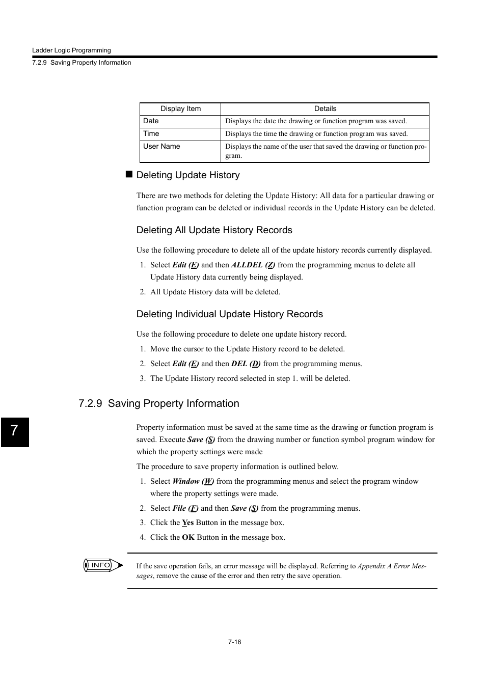 9 saving property information, Deleting update history, Deleting all update history records | Deleting individual update history records | Yaskawa MP900 Series Machine Controller for Standard Operation User Manual | Page 383 / 509