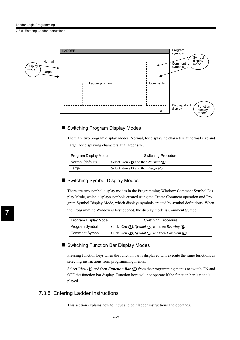 5 entering ladder instructions, Switching program display modes, Switching symbol display modes | Switching function bar display modes | Yaskawa MP900 Series Machine Controller for Standard Operation User Manual | Page 389 / 509