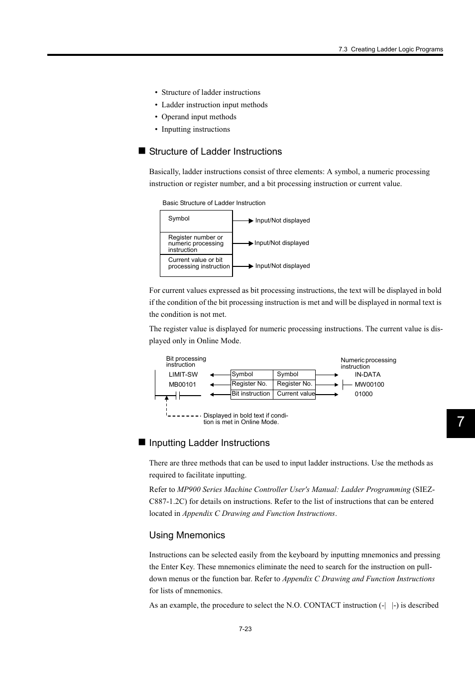 Structure of ladder instructions, Inputting ladder instructions, Using mnemonics | Yaskawa MP900 Series Machine Controller for Standard Operation User Manual | Page 390 / 509