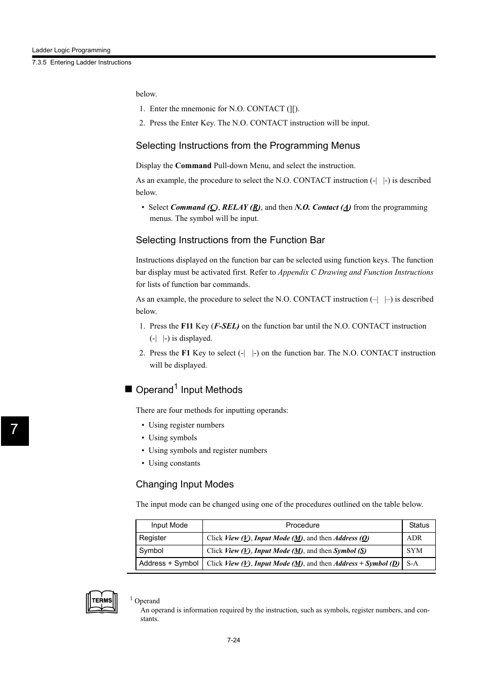 Selecting instructions from the programming menus, Selecting instructions from the function bar, Operand | Input methods, Changing input modes | Yaskawa MP900 Series Machine Controller for Standard Operation User Manual | Page 391 / 509