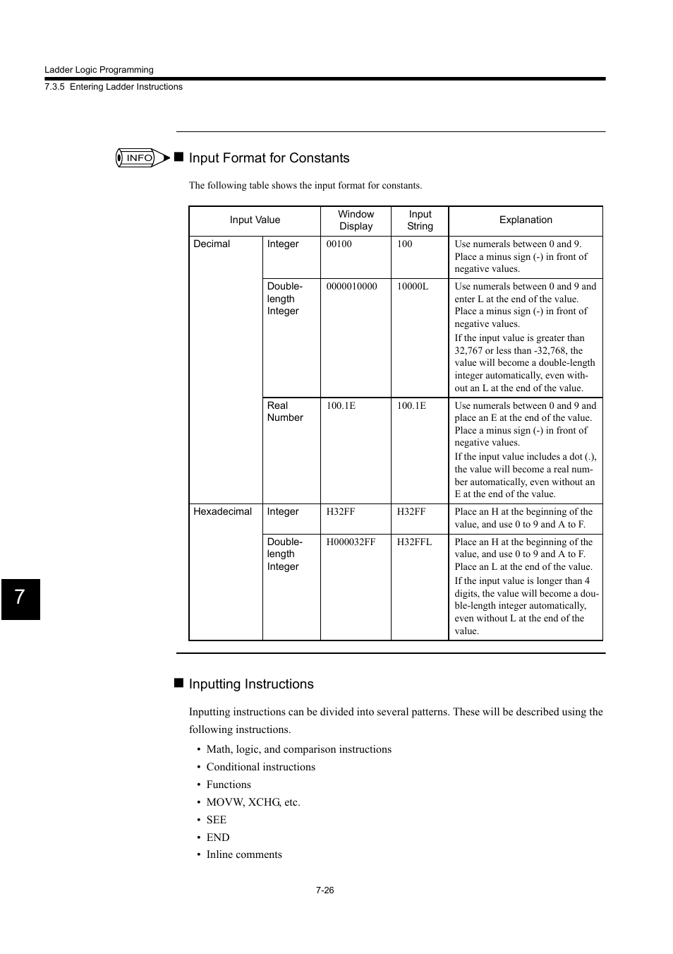 Input format for constants, Inputting instructions | Yaskawa MP900 Series Machine Controller for Standard Operation User Manual | Page 393 / 509