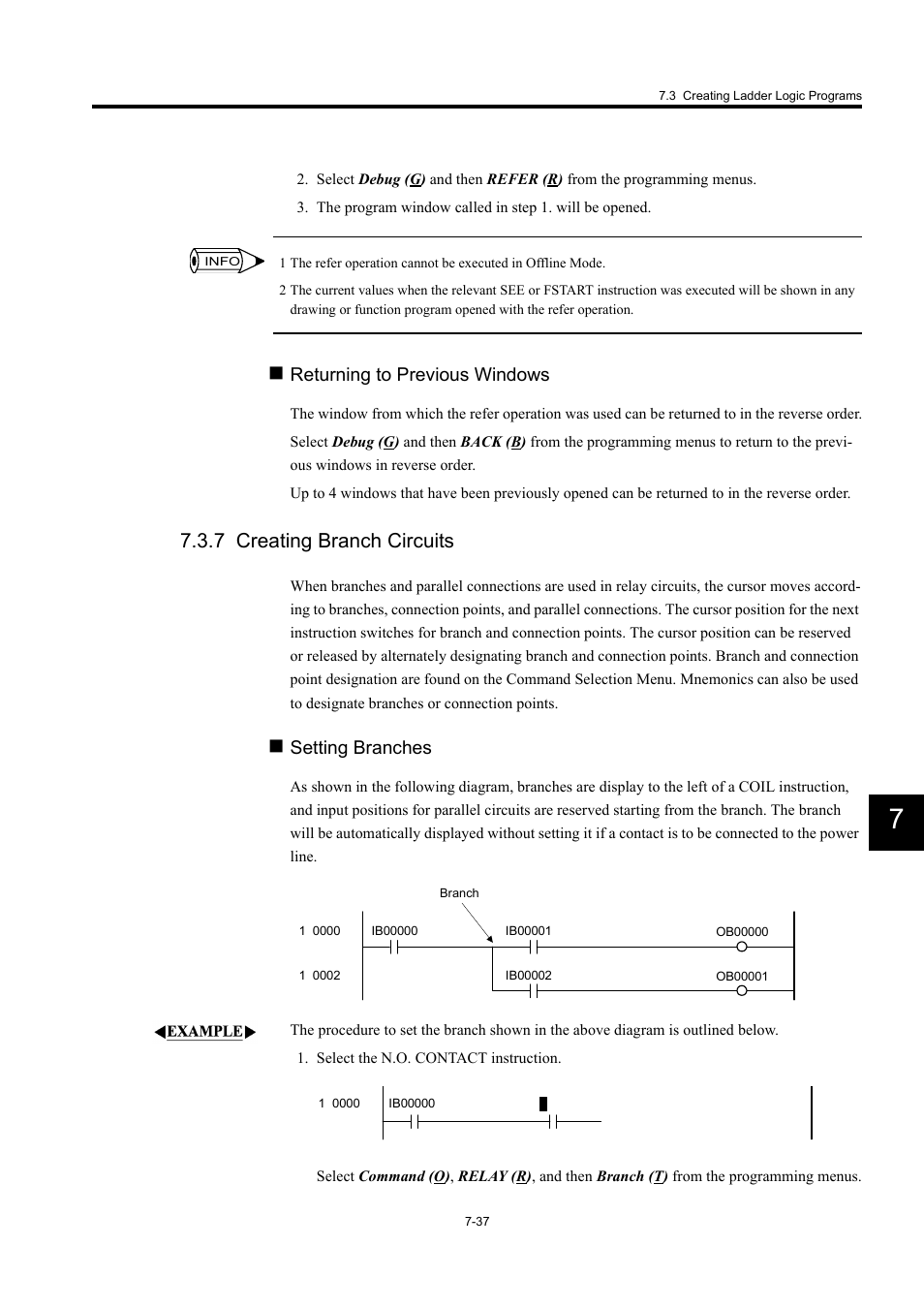 7 creating branch circuits, Returning to previous windows, Setting branches | Yaskawa MP900 Series Machine Controller for Standard Operation User Manual | Page 404 / 509