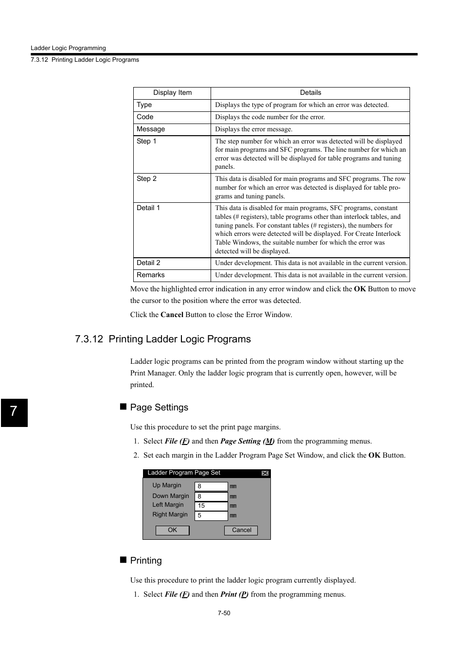 12 printing ladder logic programs, Page settings, Printing | Yaskawa MP900 Series Machine Controller for Standard Operation User Manual | Page 417 / 509