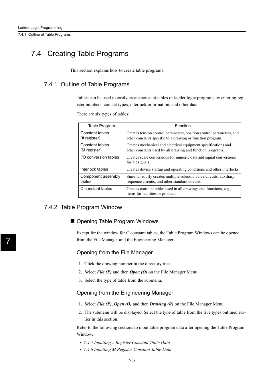 4 creating table programs, 1 outline of table programs, 2 table program window | Yaskawa MP900 Series Machine Controller for Standard Operation User Manual | Page 419 / 509