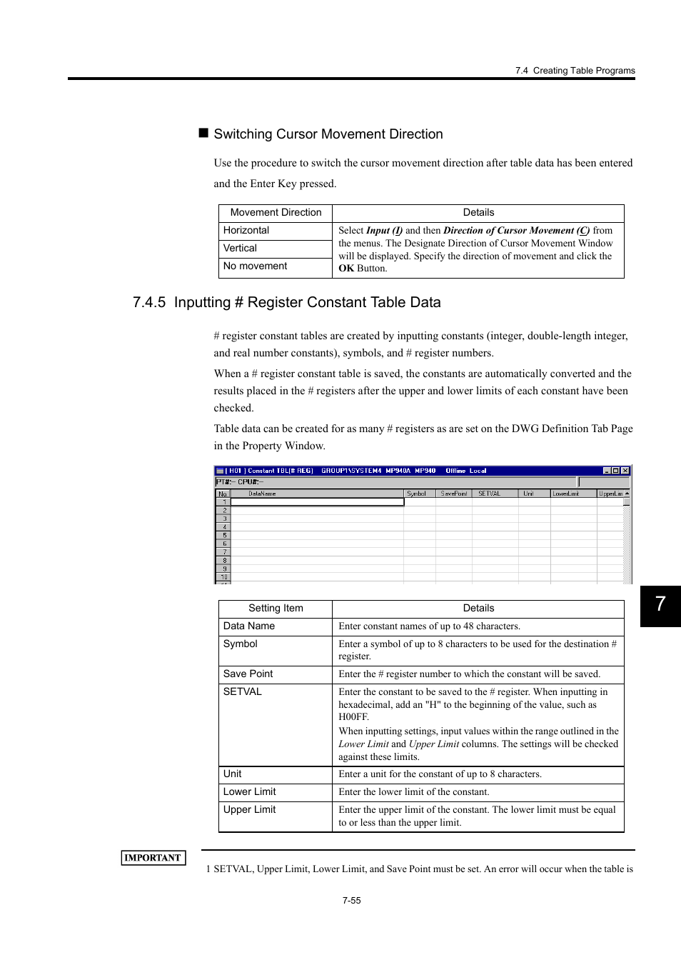 5 inputting # register constant table data, Switching cursor movement direction | Yaskawa MP900 Series Machine Controller for Standard Operation User Manual | Page 422 / 509