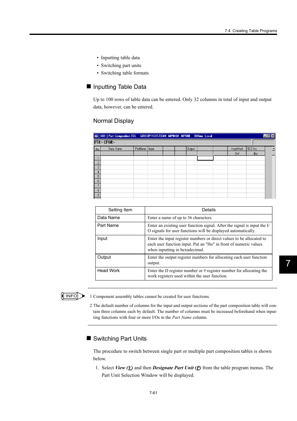 Inputting table data, Normal display, Switching part units | Yaskawa MP900 Series Machine Controller for Standard Operation User Manual | Page 428 / 509