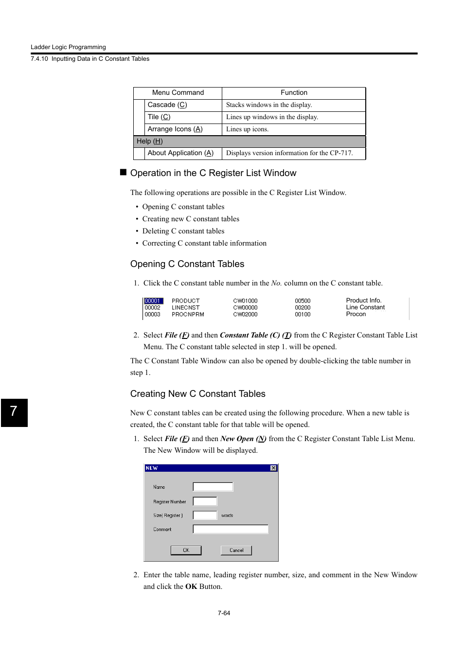 Operation in the c register list window, Opening c constant tables, Creating new c constant tables | Yaskawa MP900 Series Machine Controller for Standard Operation User Manual | Page 431 / 509