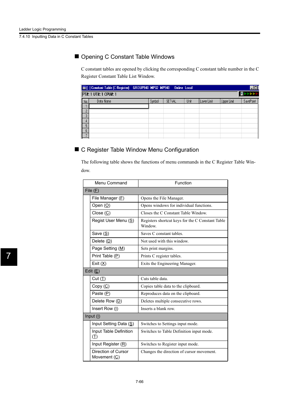 Opening c constant table windows, C register table window menu configuration | Yaskawa MP900 Series Machine Controller for Standard Operation User Manual | Page 433 / 509