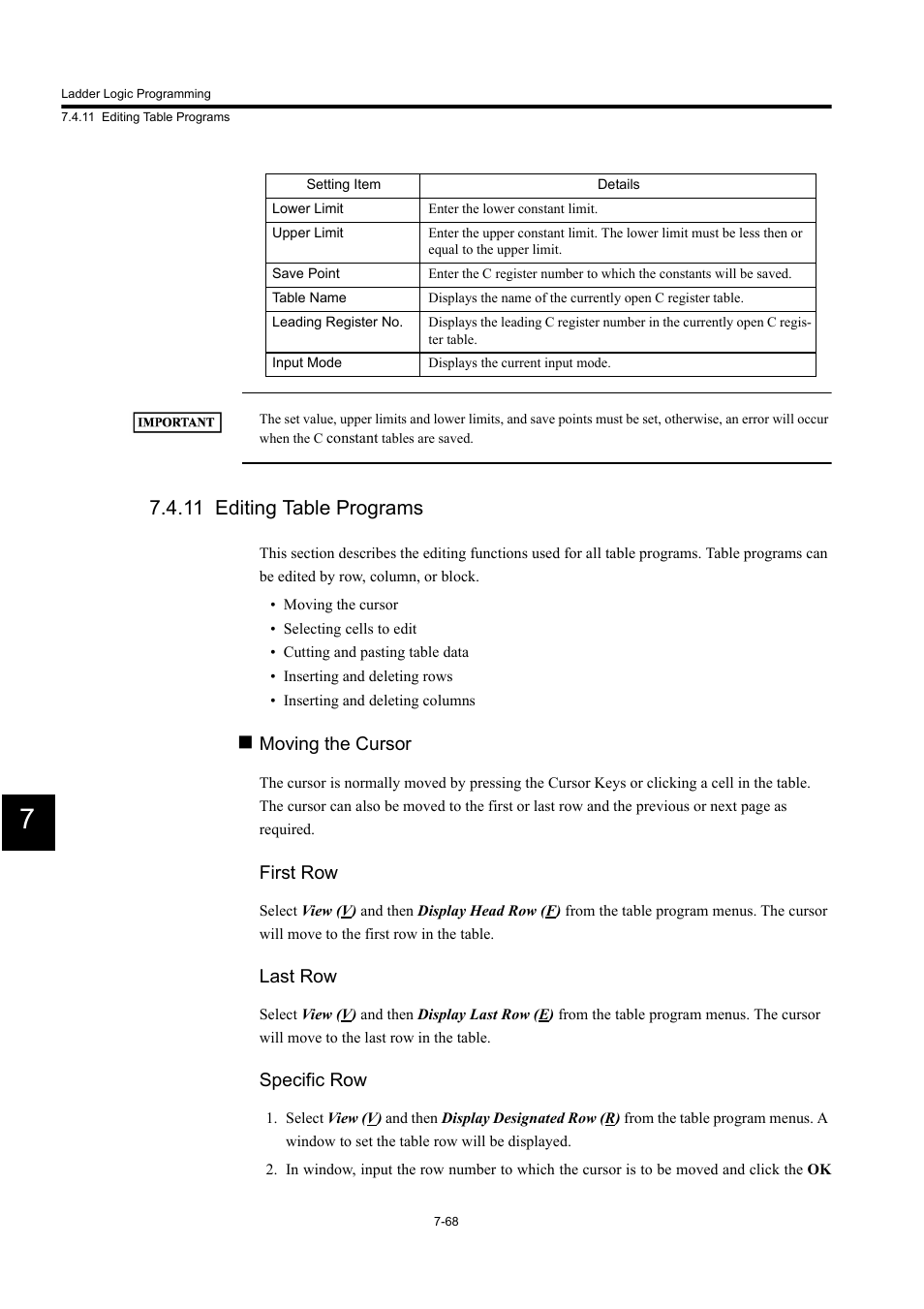 11 editing table programs, Moving the cursor, First row | Last row, Specific row | Yaskawa MP900 Series Machine Controller for Standard Operation User Manual | Page 435 / 509