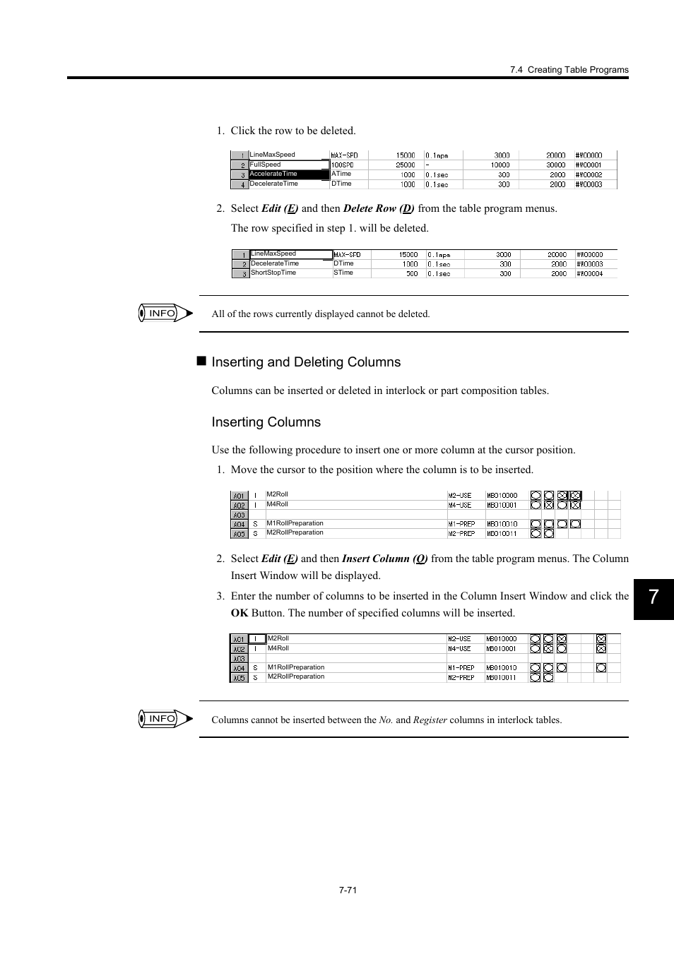 Inserting and deleting columns, Inserting columns | Yaskawa MP900 Series Machine Controller for Standard Operation User Manual | Page 438 / 509