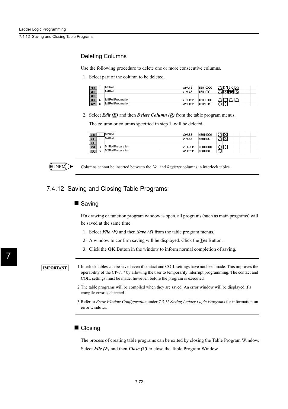 12 saving and closing table programs, Deleting columns, Saving | Closing | Yaskawa MP900 Series Machine Controller for Standard Operation User Manual | Page 439 / 509