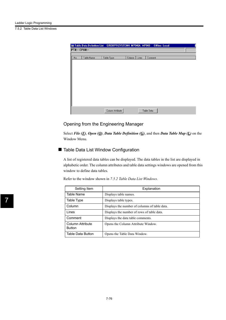 Opening from the engineering manager, Table data list window configuration | Yaskawa MP900 Series Machine Controller for Standard Operation User Manual | Page 443 / 509