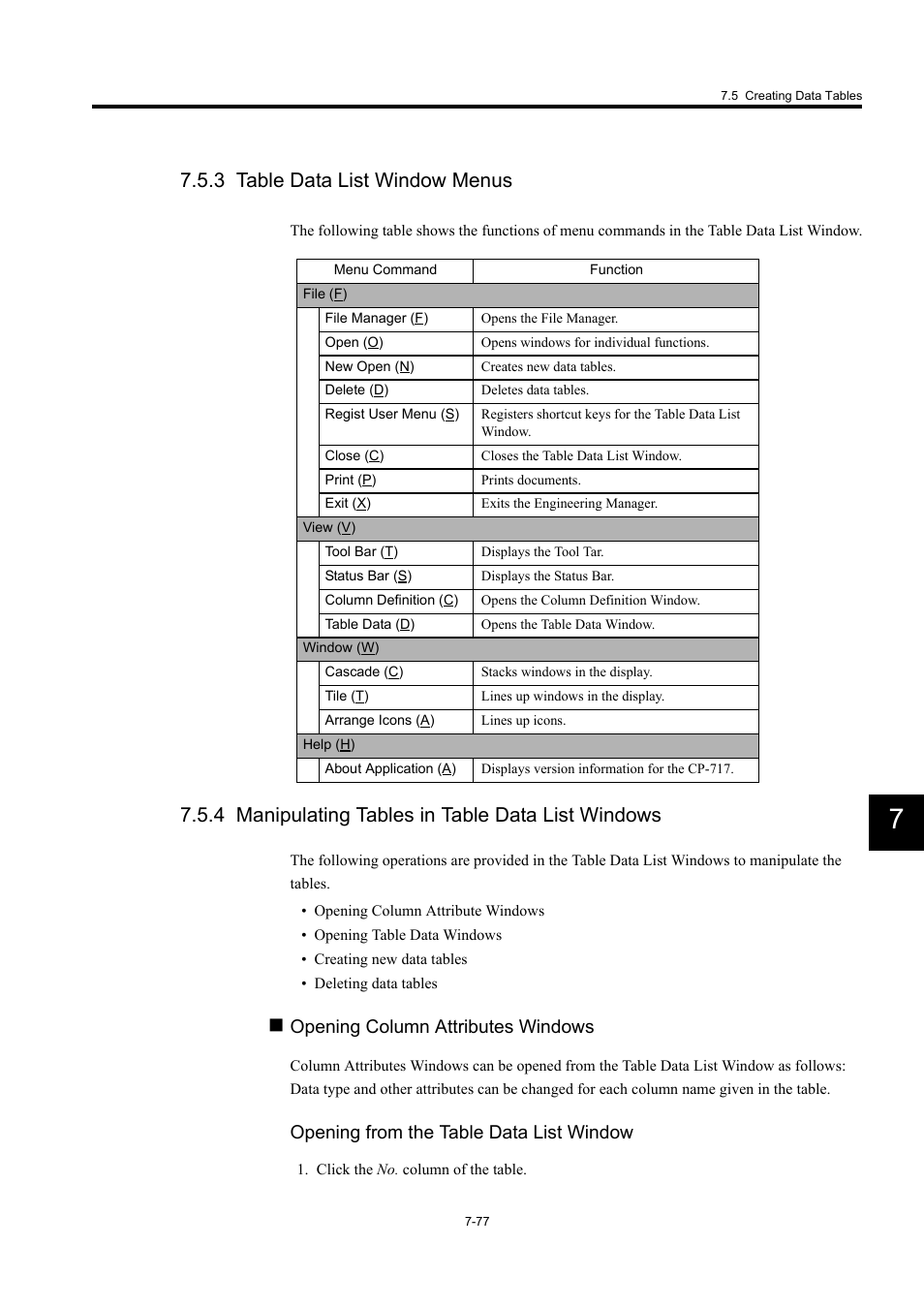 3 table data list window menus, 4 manipulating tables in table data list windows, Opening column attributes windows | Opening from the table data list window | Yaskawa MP900 Series Machine Controller for Standard Operation User Manual | Page 444 / 509