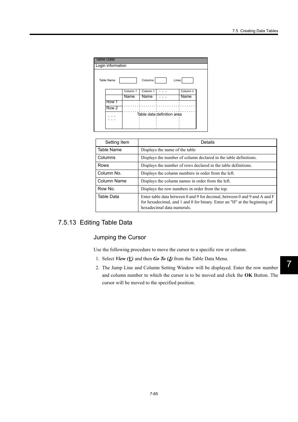 13 editing table data, Jumping the cursor | Yaskawa MP900 Series Machine Controller for Standard Operation User Manual | Page 452 / 509