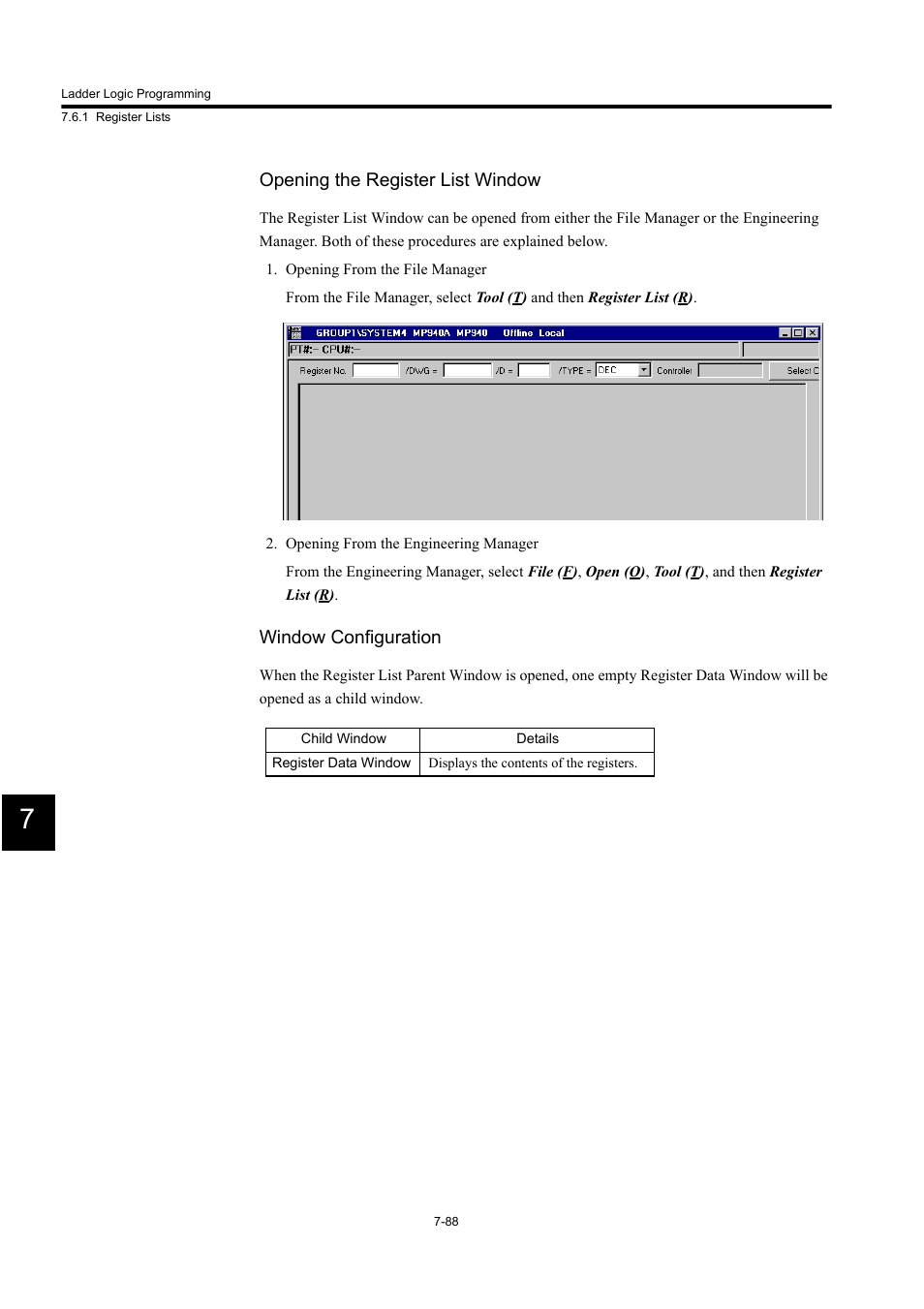 Opening the register list window, Window configuration | Yaskawa MP900 Series Machine Controller for Standard Operation User Manual | Page 455 / 509