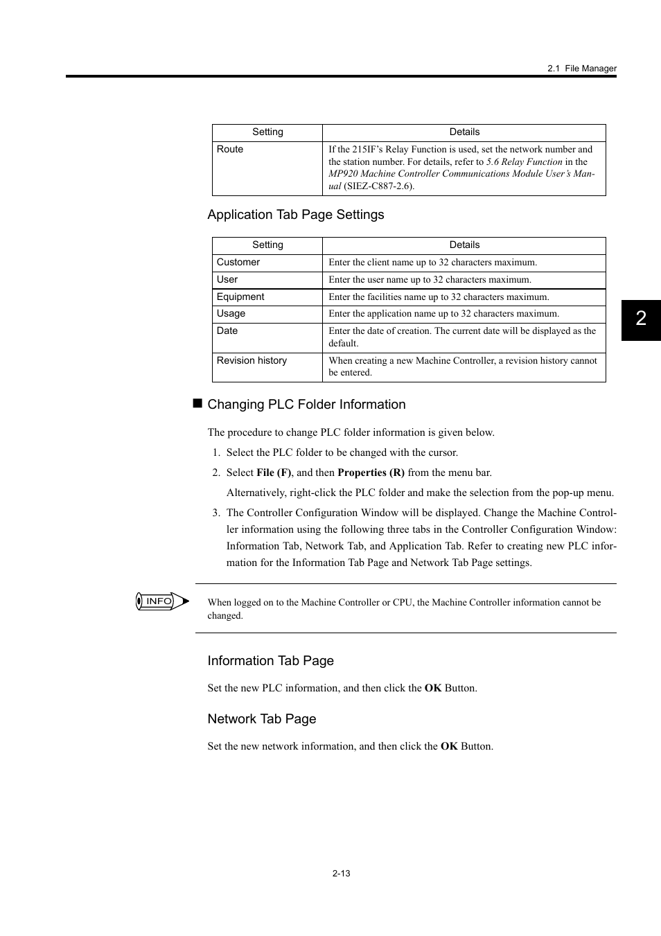 Application tab page settings, Changing plc folder information, Information tab page | Network tab page | Yaskawa MP900 Series Machine Controller for Standard Operation User Manual | Page 46 / 509