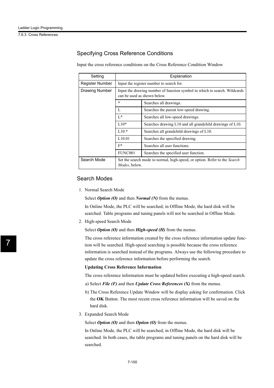 Specifying cross reference conditions, Search modes | Yaskawa MP900 Series Machine Controller for Standard Operation User Manual | Page 467 / 509