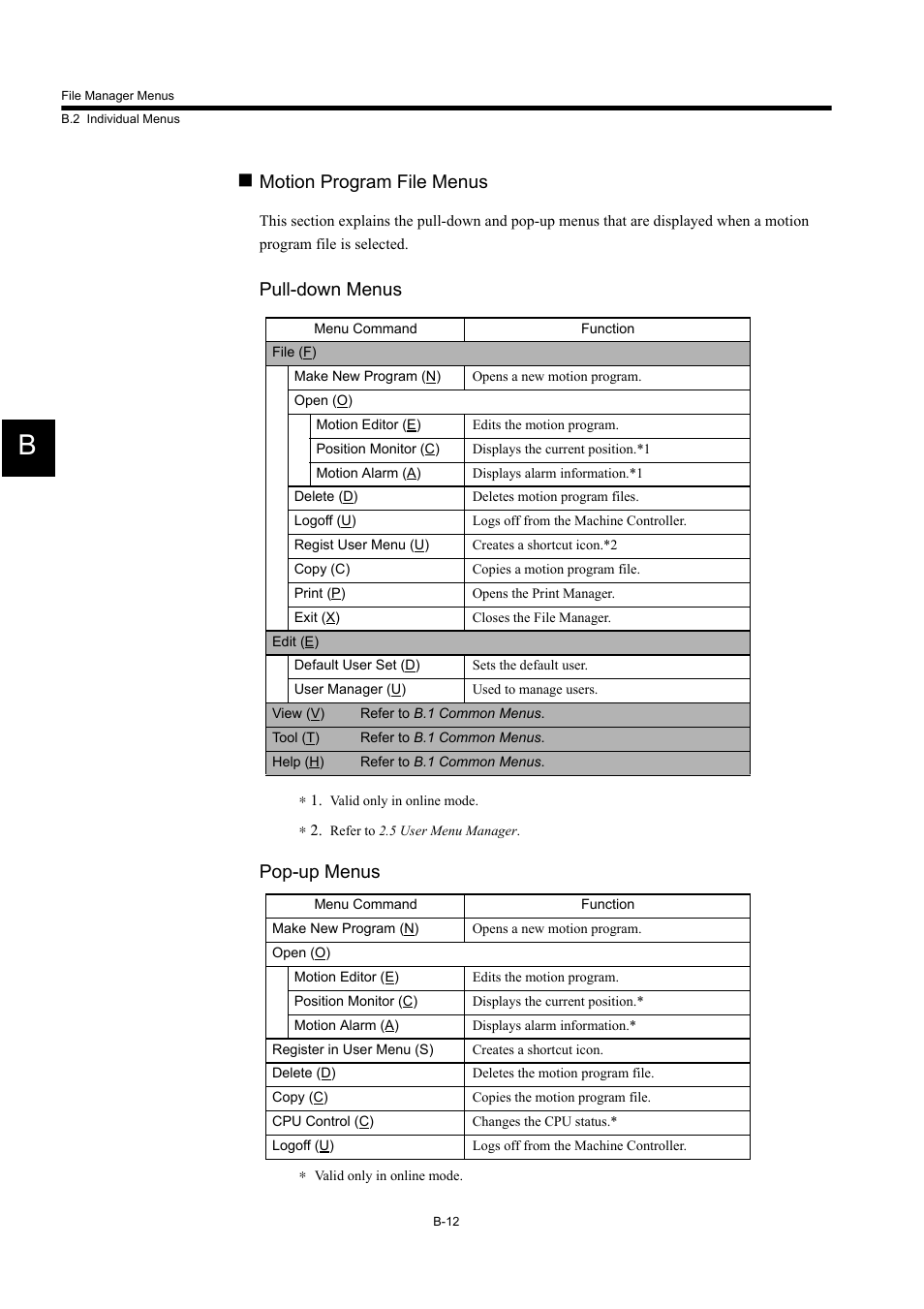 Motion program file menus, Pull-down menus, Pop-up menus | Yaskawa MP900 Series Machine Controller for Standard Operation User Manual | Page 498 / 509