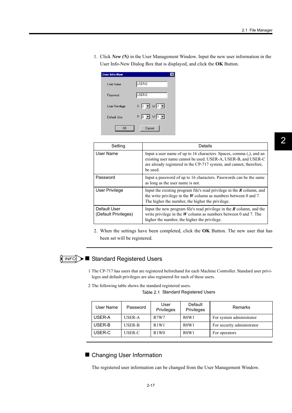 Standard registered users, Changing user information | Yaskawa MP900 Series Machine Controller for Standard Operation User Manual | Page 50 / 509