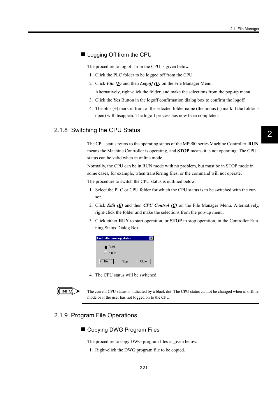 8 switching the cpu status, 9 program file operations | Yaskawa MP900 Series Machine Controller for Standard Operation User Manual | Page 54 / 509