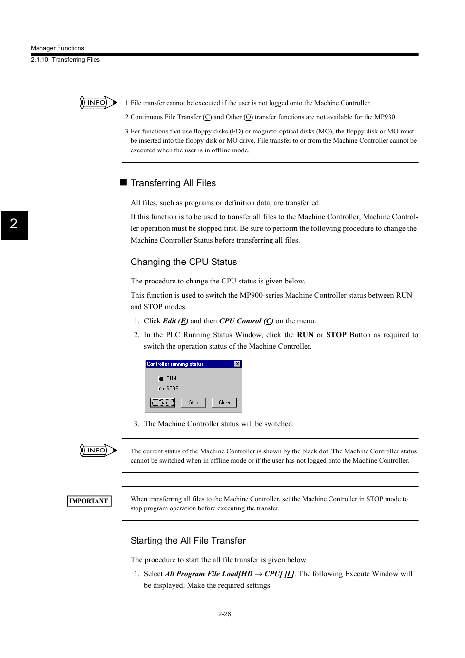 Transferring all files, Changing the cpu status, Starting the all file transfer | Yaskawa MP900 Series Machine Controller for Standard Operation User Manual | Page 59 / 509