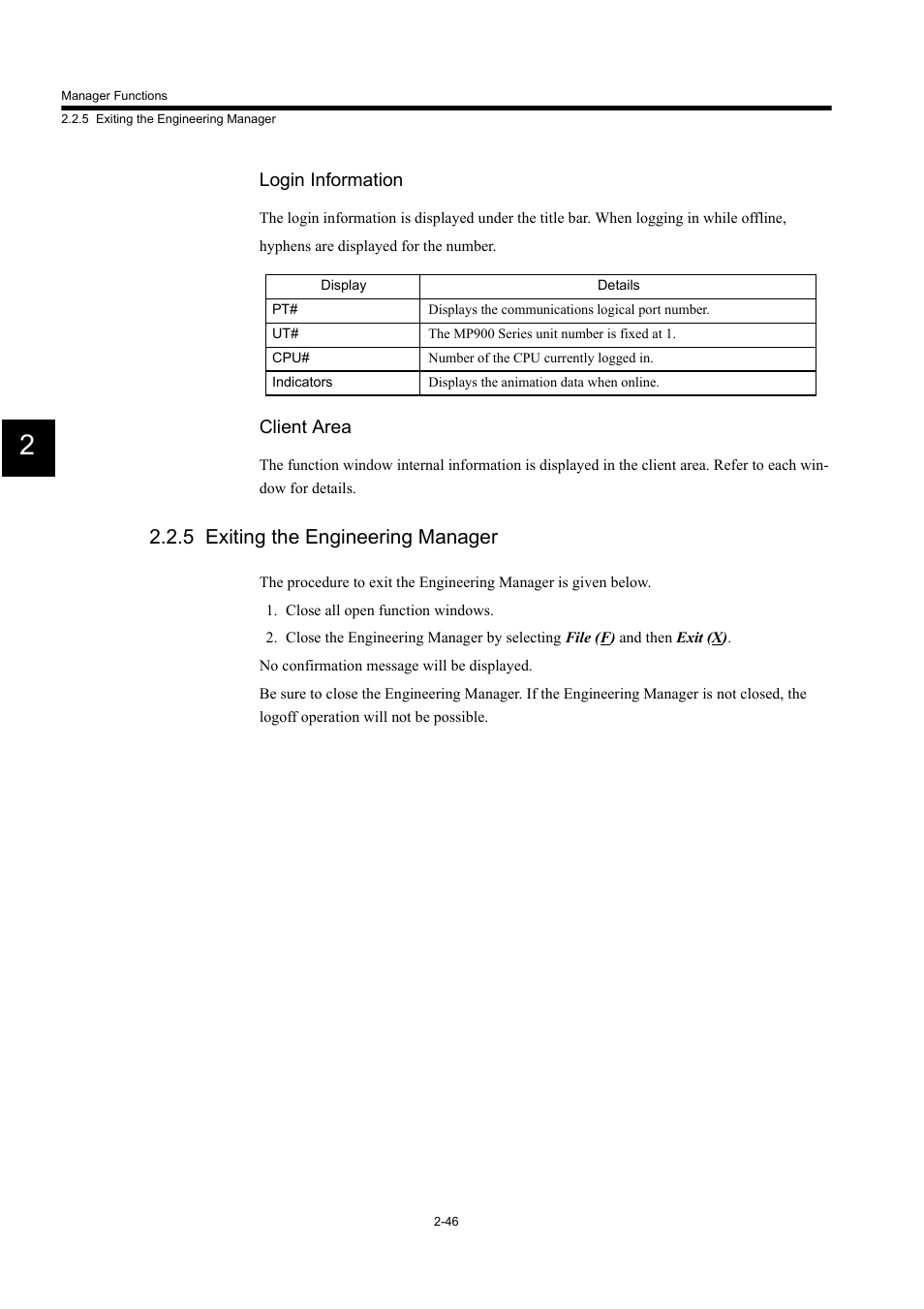 5 exiting the engineering manager, Login information, Client area | Yaskawa MP900 Series Machine Controller for Standard Operation User Manual | Page 79 / 509