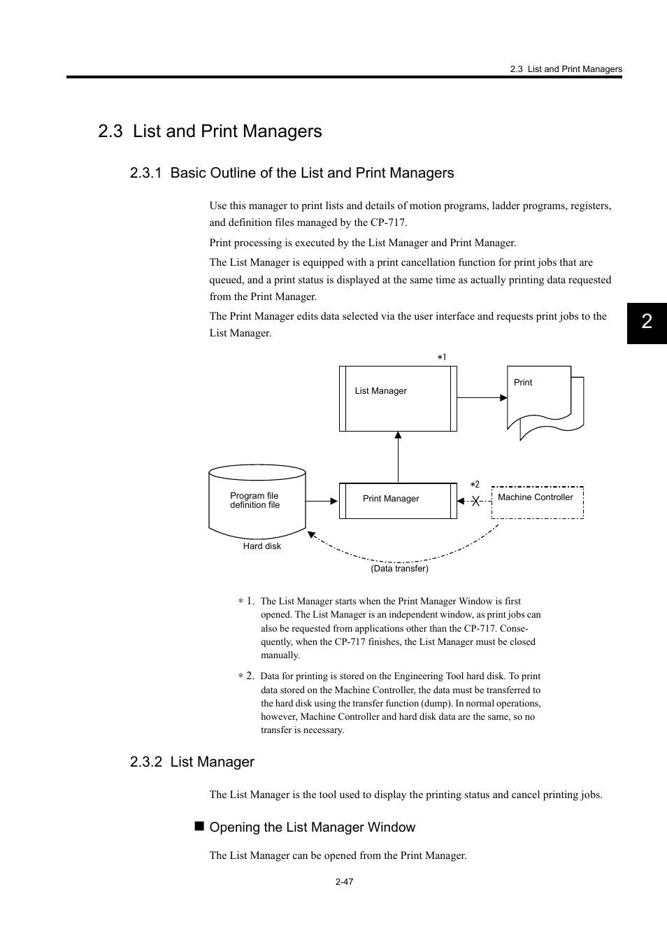 3 list and print managers, 1 basic outline of the list and print managers, 2 list manager | Opening the list manager window | Yaskawa MP900 Series Machine Controller for Standard Operation User Manual | Page 80 / 509