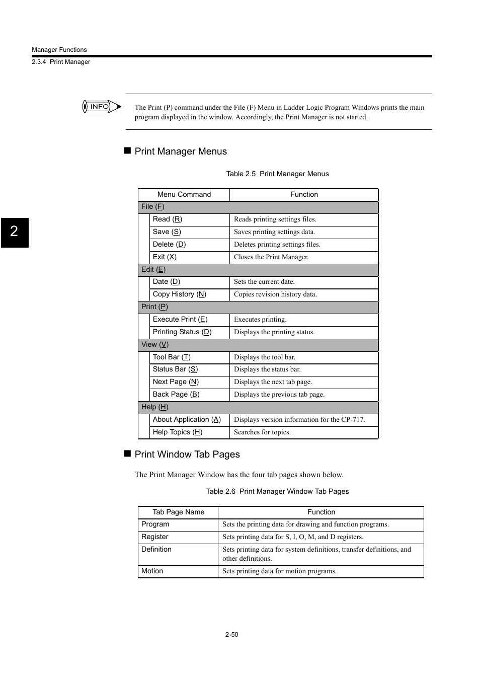 Print manager menus, Print window tab pages | Yaskawa MP900 Series Machine Controller for Standard Operation User Manual | Page 83 / 509