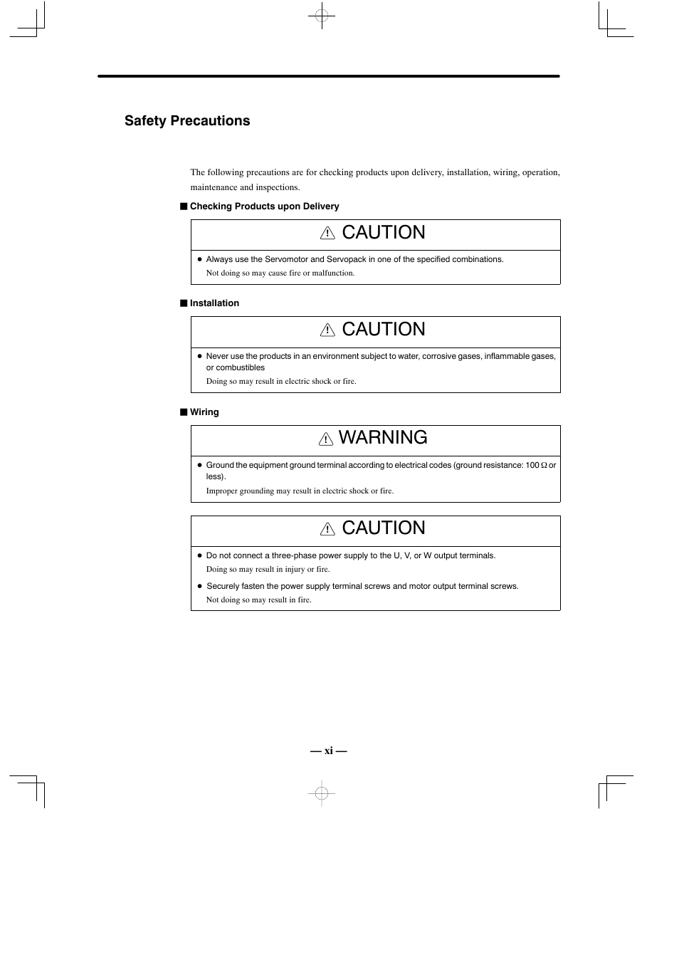 Safety precautions, Caution, Warning | Yaskawa Sigma Mini User Manual | Page 10 / 282