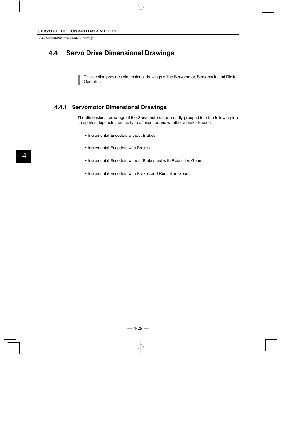 4 servo drive dimensional drawings, 1 servomotor dimensional drawings | Yaskawa Sigma Mini User Manual | Page 178 / 282