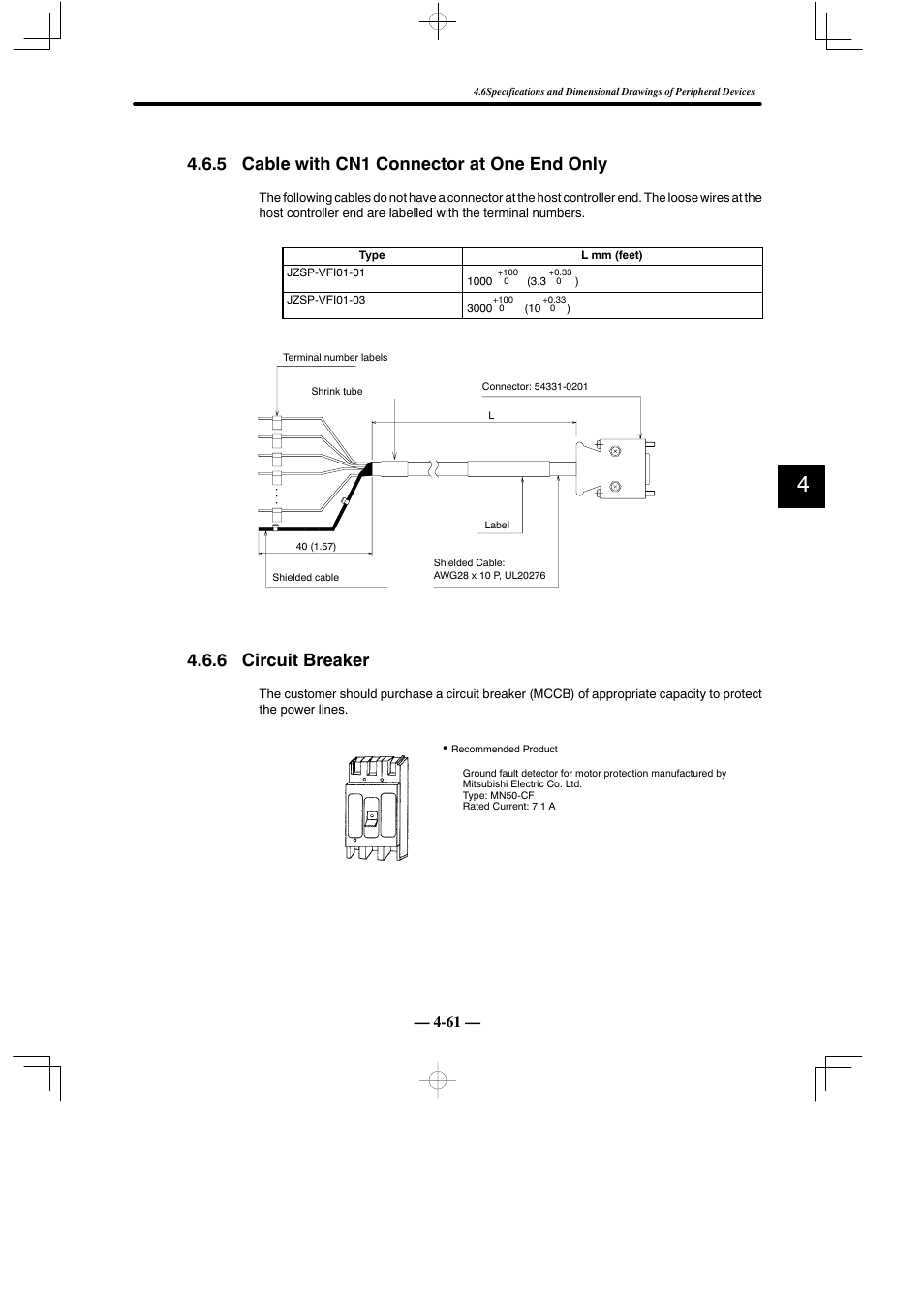 5 cable with cn1 connector at one end only, 6 circuit breaker | Yaskawa Sigma Mini User Manual | Page 211 / 282