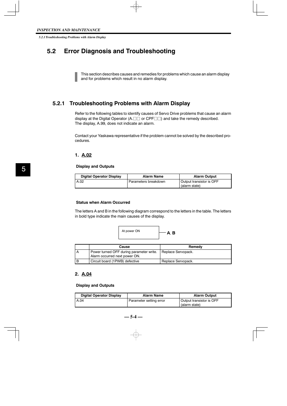 2 error diagnosis and troubleshooting, 1 troubleshooting problems with alarm display | Yaskawa Sigma Mini User Manual | Page 224 / 282