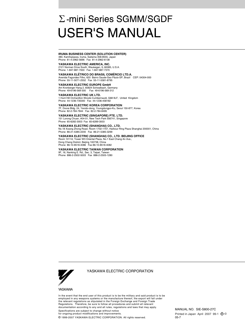 Back cover | Yaskawa Sigma Mini User Manual | Page 282 / 282