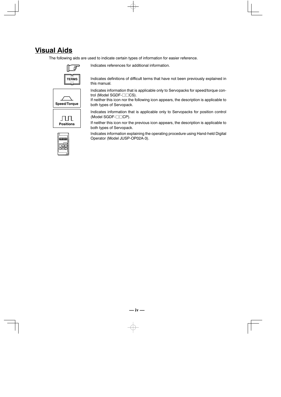 Visual aids | Yaskawa Sigma Mini User Manual | Page 3 / 282