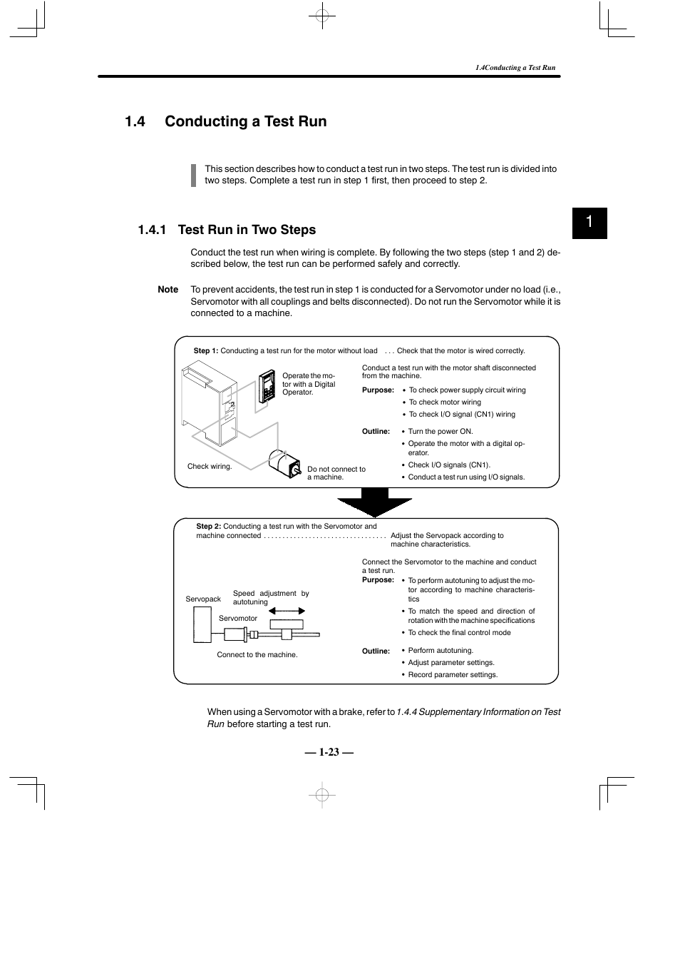 4 conducting a test run, 1 test run in two steps | Yaskawa Sigma Mini User Manual | Page 36 / 282