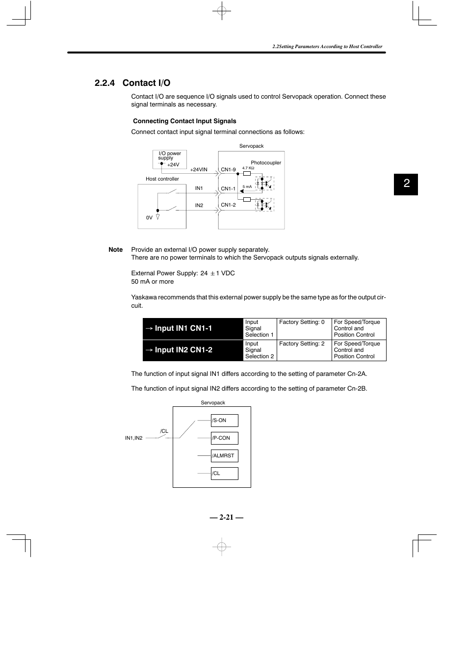 4 contact i/o, Input in1 cn1-1, Input in2 cn1-2 | Yaskawa Sigma Mini User Manual | Page 65 / 282