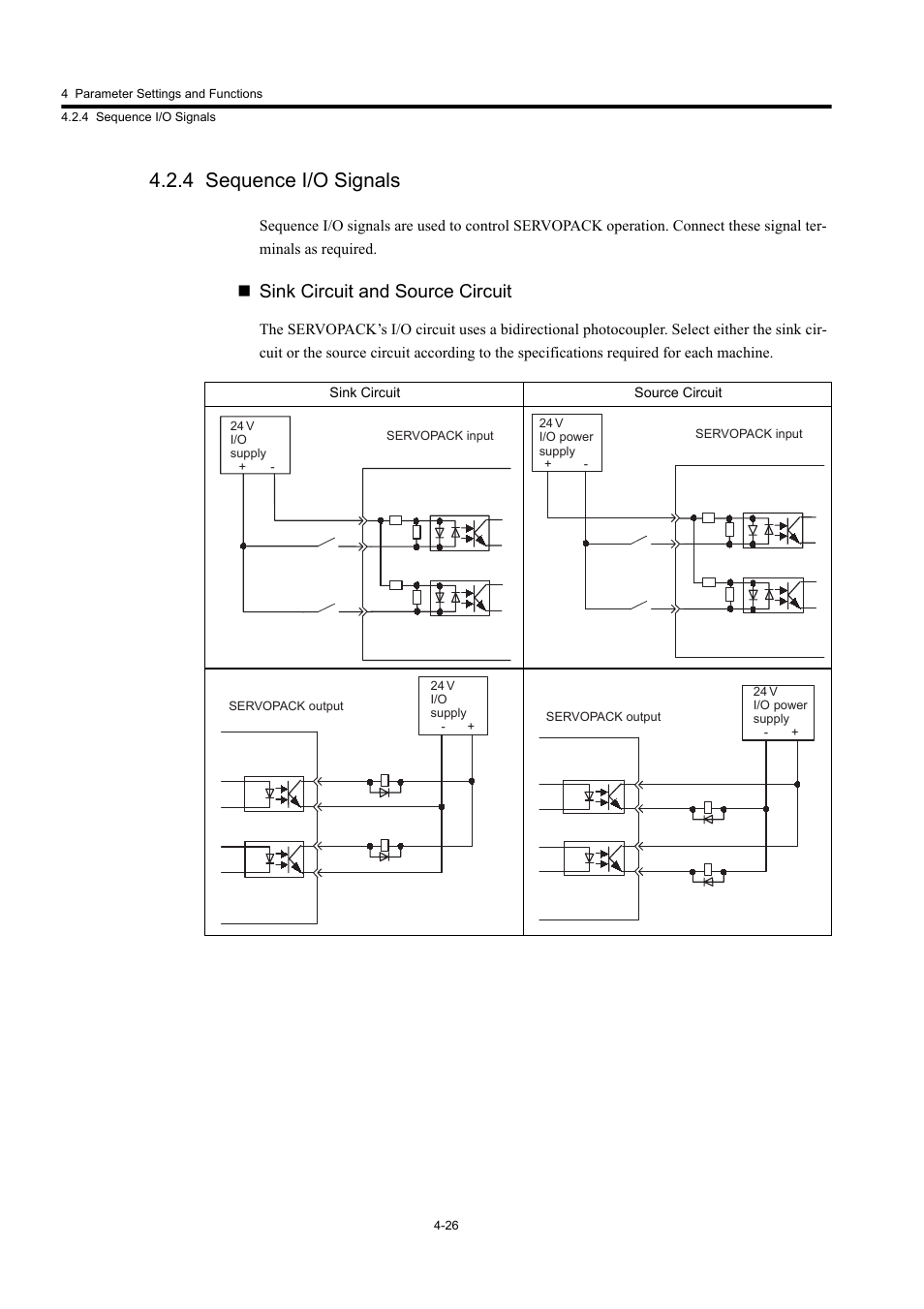 4 sequence i/o signals, Sink circuit and source circuit | Yaskawa Large Capacity Sigma II Series User Manual | Page 102 / 405