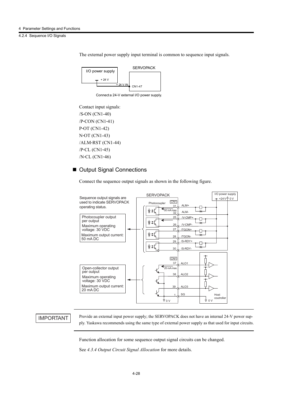 Output signal connections, Important | Yaskawa Large Capacity Sigma II Series User Manual | Page 104 / 405