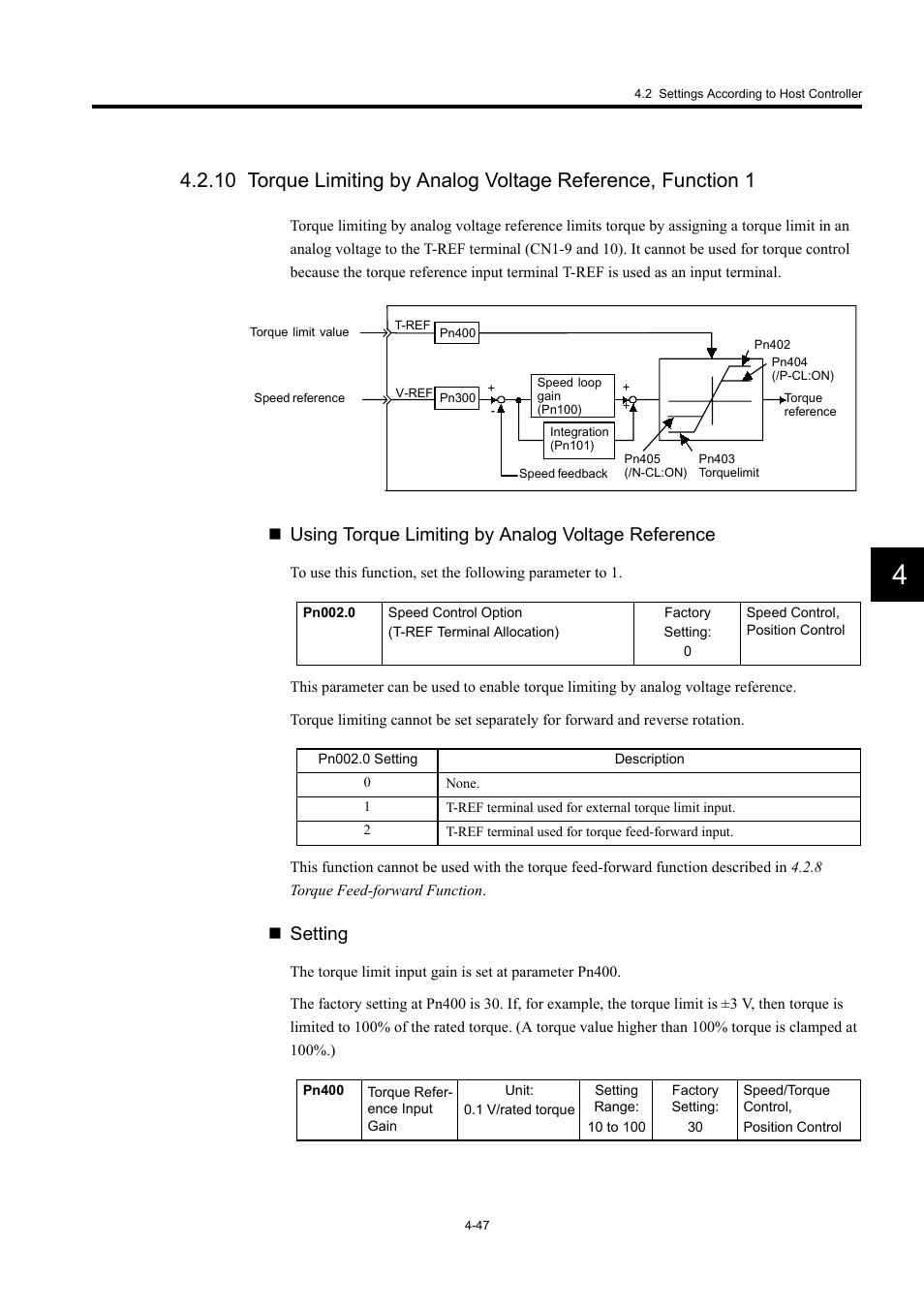 Using torque limiting by analog voltage reference, Setting | Yaskawa Large Capacity Sigma II Series User Manual | Page 123 / 405