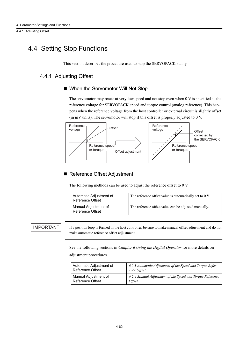 4 setting stop functions, 1 adjusting offset, When the servomotor will not stop | Reference offset adjustment | Yaskawa Large Capacity Sigma II Series User Manual | Page 138 / 405