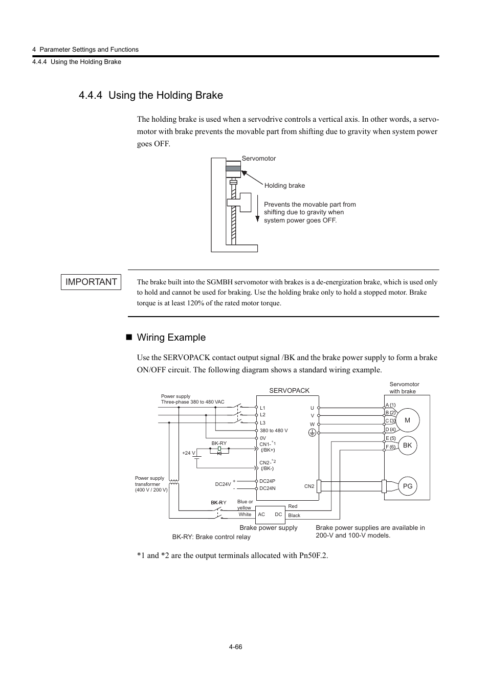 4 using the holding brake, Wiring example, Important | Yaskawa Large Capacity Sigma II Series User Manual | Page 142 / 405