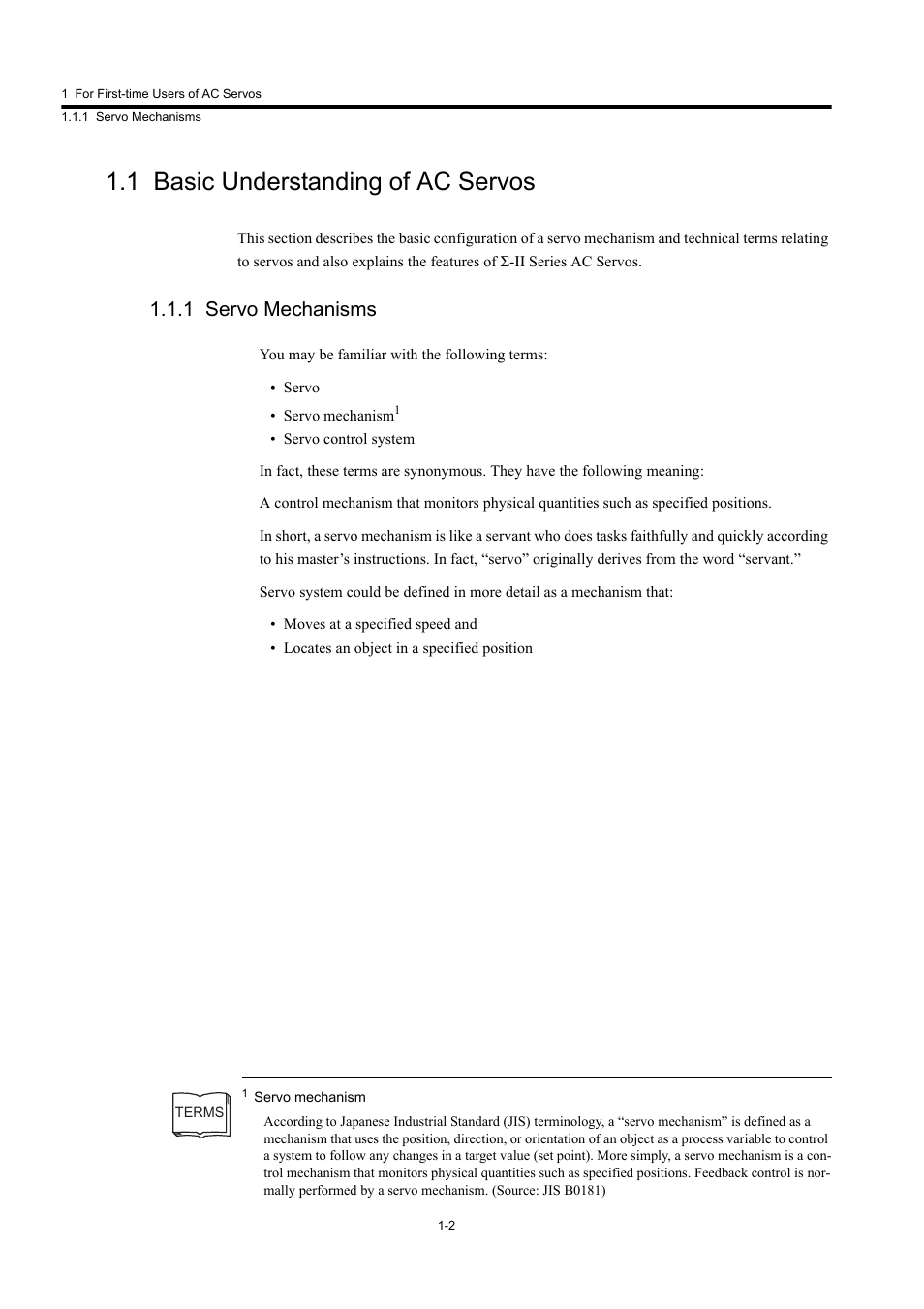 1 basic understanding of ac servos, 1 servo mechanisms | Yaskawa Large Capacity Sigma II Series User Manual | Page 16 / 405