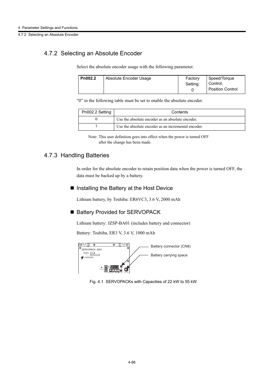 2 selecting an absolute encoder, 3 handling batteries, Installing the battery at the host device | Battery provided for servopack | Yaskawa Large Capacity Sigma II Series User Manual | Page 162 / 405