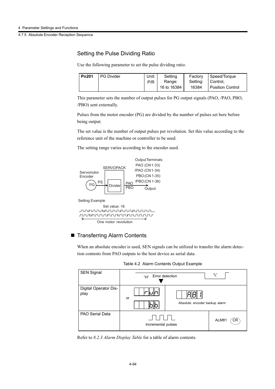 Setting the pulse dividing ratio, Transferring alarm contents | Yaskawa Large Capacity Sigma II Series User Manual | Page 170 / 405