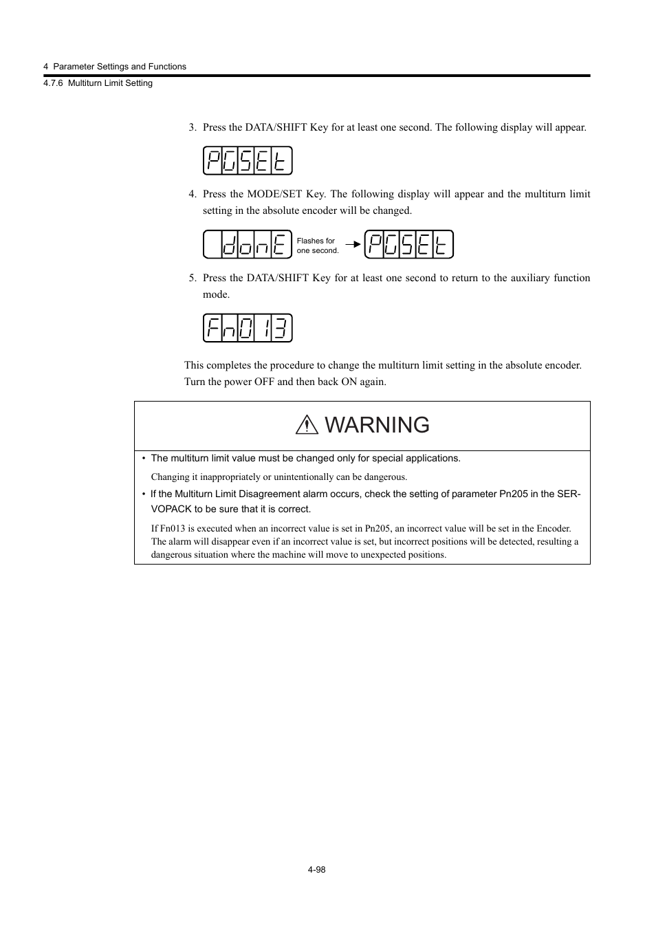 Warning | Yaskawa Large Capacity Sigma II Series User Manual | Page 174 / 405