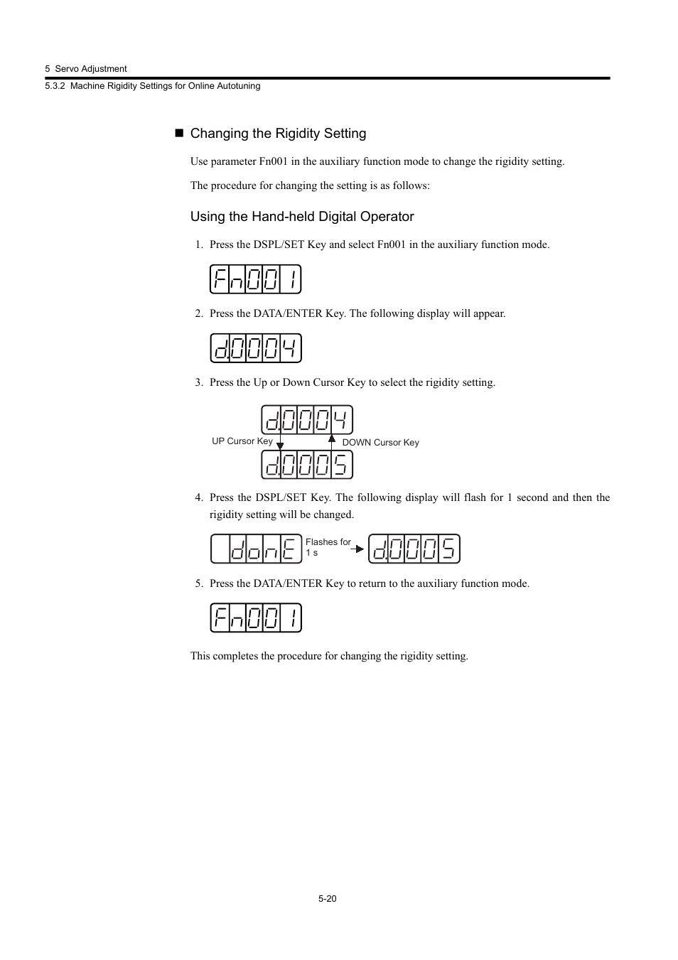 Changing the rigidity setting, Using the hand-held digital operator | Yaskawa Large Capacity Sigma II Series User Manual | Page 203 / 405